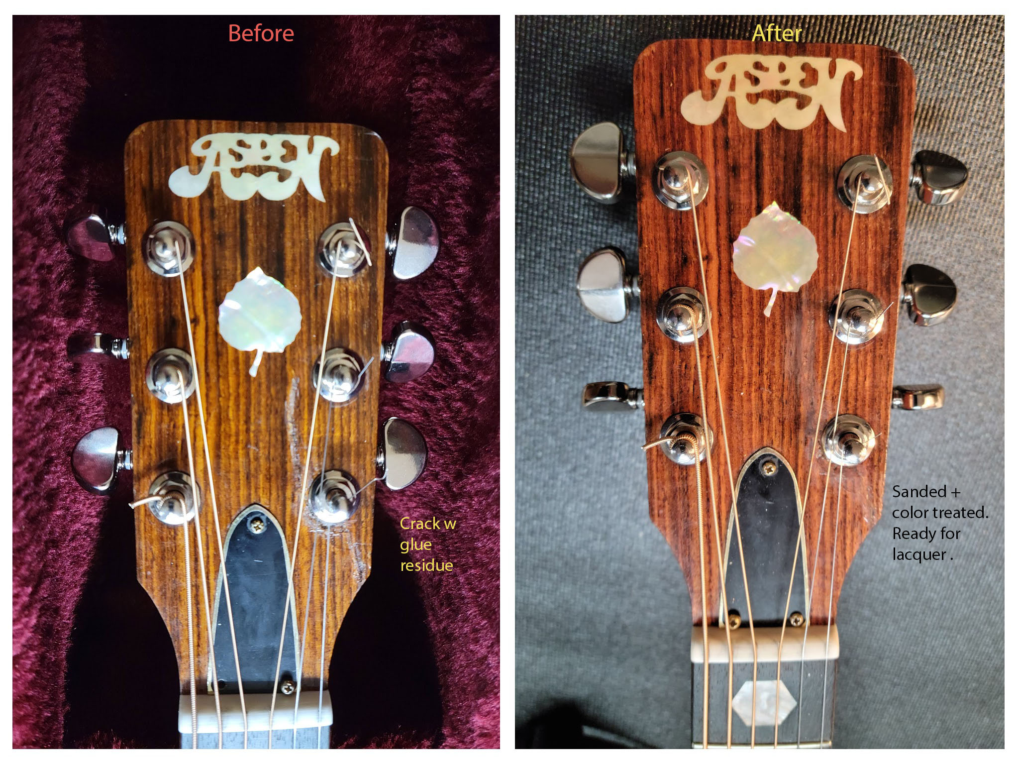 Aspen acoustic guitar in clamps during restoration
